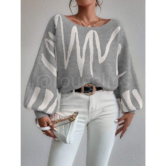 Knit Graphic Pullover Sweater Off White Grey Bishop Sleeve - Picture 6 of 10